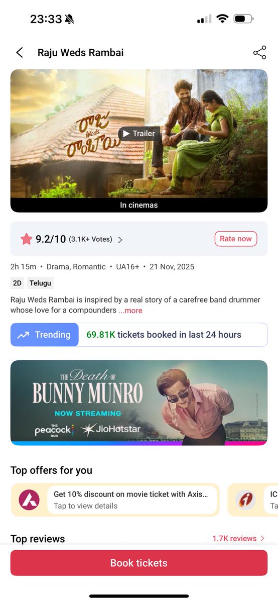 idlebrainjeevi's tweet image. BMS Saturday Sales Update:

#RajuWedsRambai: 69.81K tickets
#Premante: 5.82K tickets
#12ARailwayColony: too low to register

#RajuWedsRambai jumps by over 68% from Friday - sheer dominance. 

A HIT! 👍