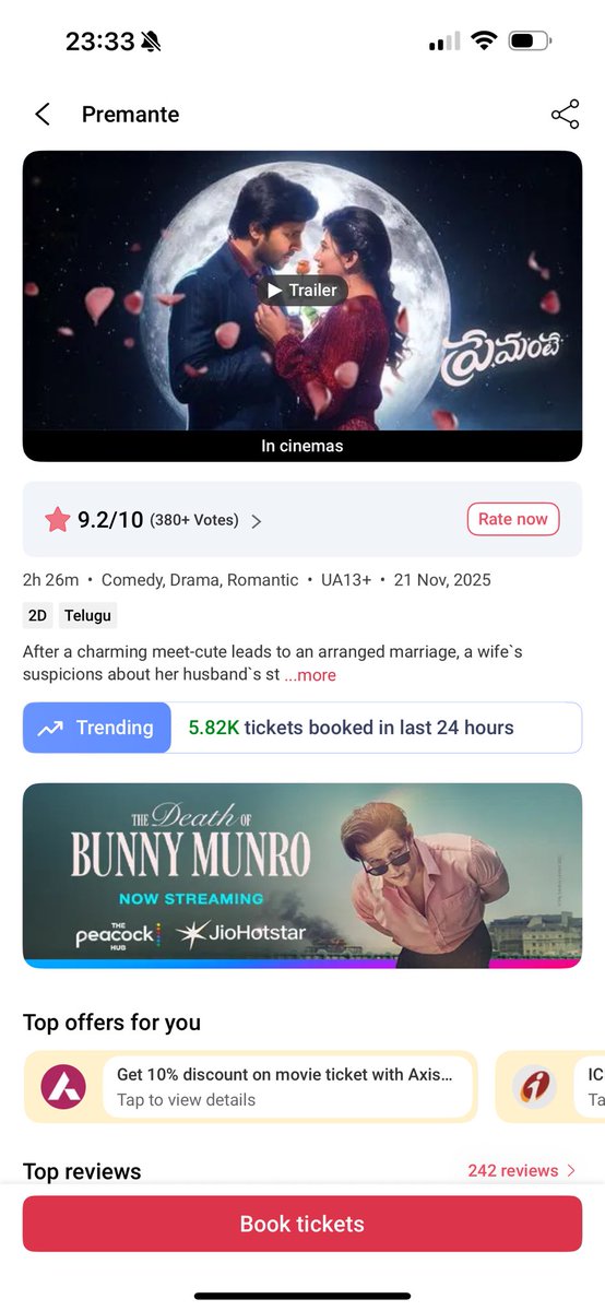 idlebrainjeevi's tweet image. BMS Saturday Sales Update:

#RajuWedsRambai: 69.81K tickets
#Premante: 5.82K tickets
#12ARailwayColony: too low to register

#RajuWedsRambai jumps by over 68% from Friday - sheer dominance. 

A HIT! 👍