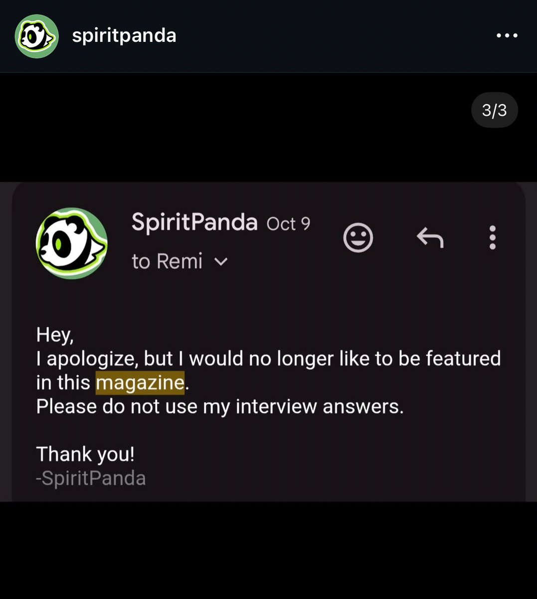 NU_M00N's tweet photo. This person has now created a furry magazine and is using Spirit Panda’s work against their wishes for profit. Incredibly unprofessional and downright vindictive individual.

Do not support Muzzled Magazine. https://t.co/7fpOuy3Hia