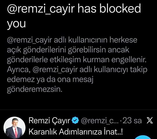 YAZDIĞIM YAZIYI TERSİNE OKUYUP, KENDİ FİTNELİĞİNE ÇEVİRMESİNİ İFŞA ETTİĞİM, SÖZCÜ GAZETESİNDE REZİL ETTİĞİM REMZİ ÇAYIR, HIRSINDAN TWİTTER’DA BENİ ENGELLEMİŞ. ZATEN SENİN GİBİ CAHİLLERLE İŞİMİZ OLMAZ KIVIRDAK REMZİ… (Göktürk Tuınçtürk)