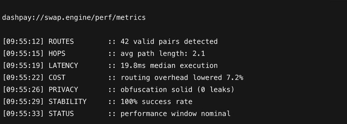 dashpaytech's tweet image. 1. DashPay Swap Engine Stress Test

We pushed the private swap engine into a max-load environment: dense routing graphs, rapid-fire pair rotations, and forced obfuscation cycles.
Even under pressure, the system held — no failed routes, no privacy leaks, no execution faults.…