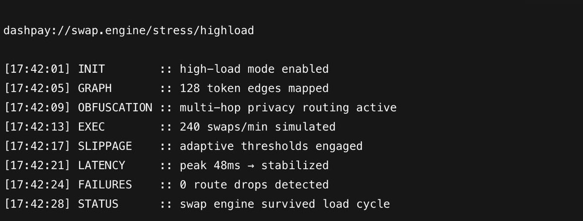 dashpaytech's tweet image. 1. DashPay Swap Engine Stress Test

We pushed the private swap engine into a max-load environment: dense routing graphs, rapid-fire pair rotations, and forced obfuscation cycles.
Even under pressure, the system held — no failed routes, no privacy leaks, no execution faults.…