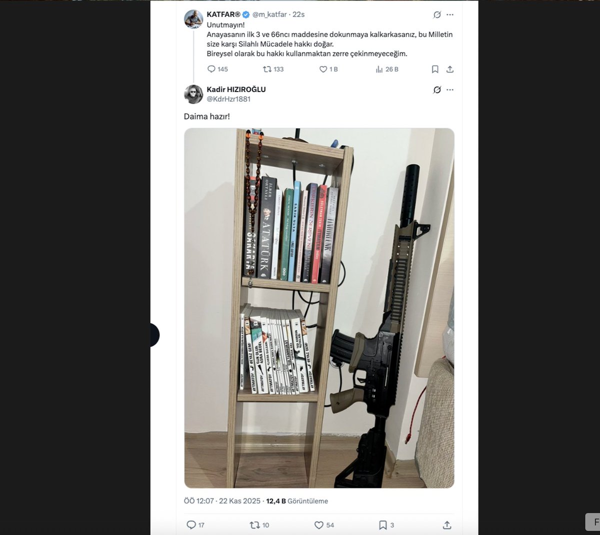 1-) İyi Partili Murat Katfar isimli provokatörü görmüşsünüzdür muhtemelen. Bugün millet iradesini temsil eden TBMM'yi silahlı saldırı ile tehdit etti bu tip. Bazı takipçileri de silah fotoğrafları paylaşarak hazırız diye karşılık vermiş. Devletimizin bu provokatörleri alıp kimin