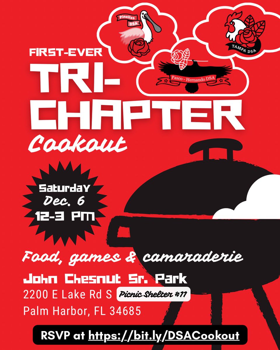 What’s better than an afternoon in the park with your local DSA chapter? An afternoon in the park with ✨three✨ local DSA chapters!

Join Pinellas DSA, Tampa DSA, and Pasco-Hernando DSA for our first tri-chapter social! 🌳⚽️🌭

RSVP here:  bit.ly/DSACookout