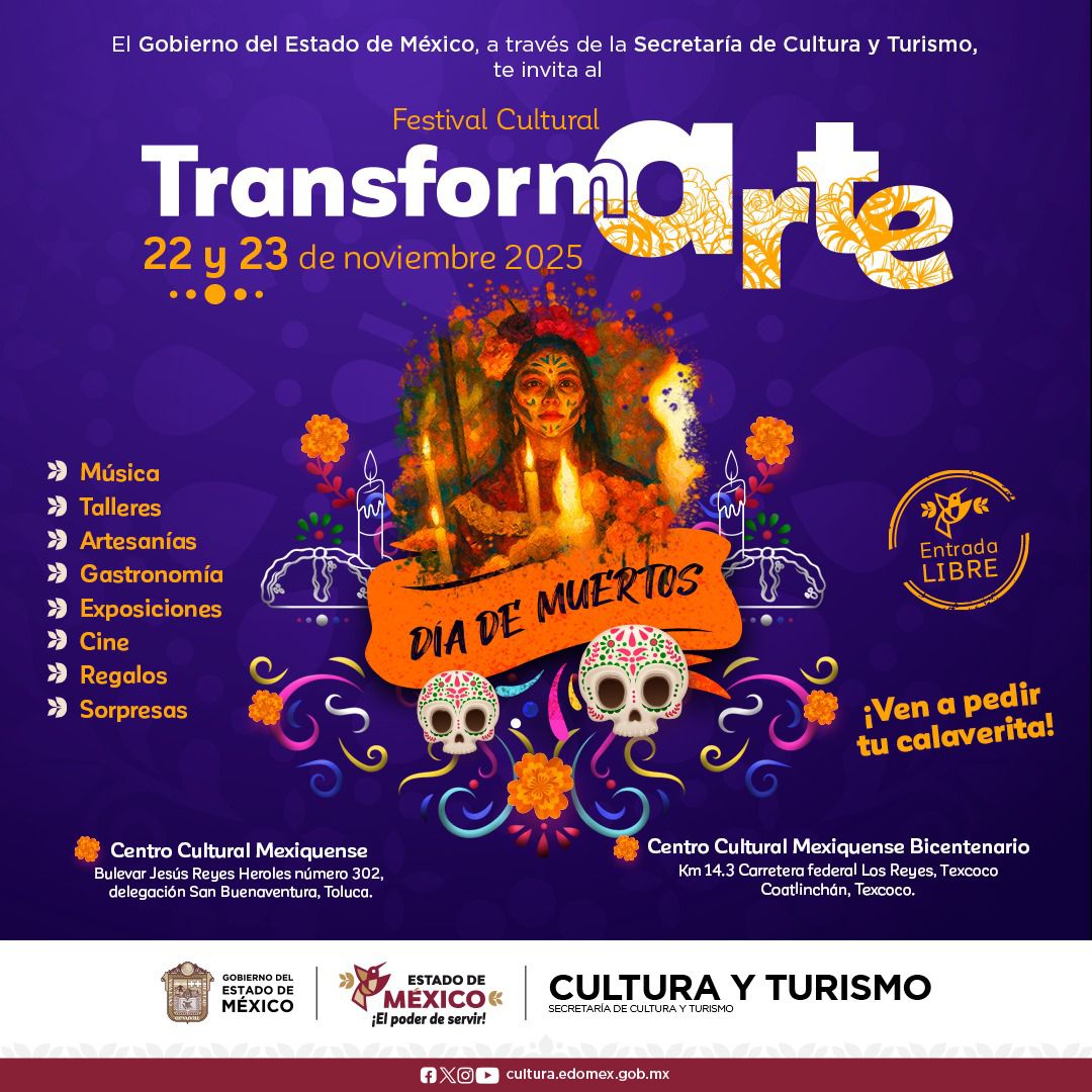 SS_Edomex's tweet image. La @CulturaEdomex invita al Festival Cultural #TransformARTE, edición especial de #DíaDeMuertos, con actividades para toda la familia, talleres, música y sorpresas. 🎭💀

📅 22 y 23 de noviembre
📍 Centro Cultural Mexiquense en #Toluca y #Texcoco

#ElPoderDeServir