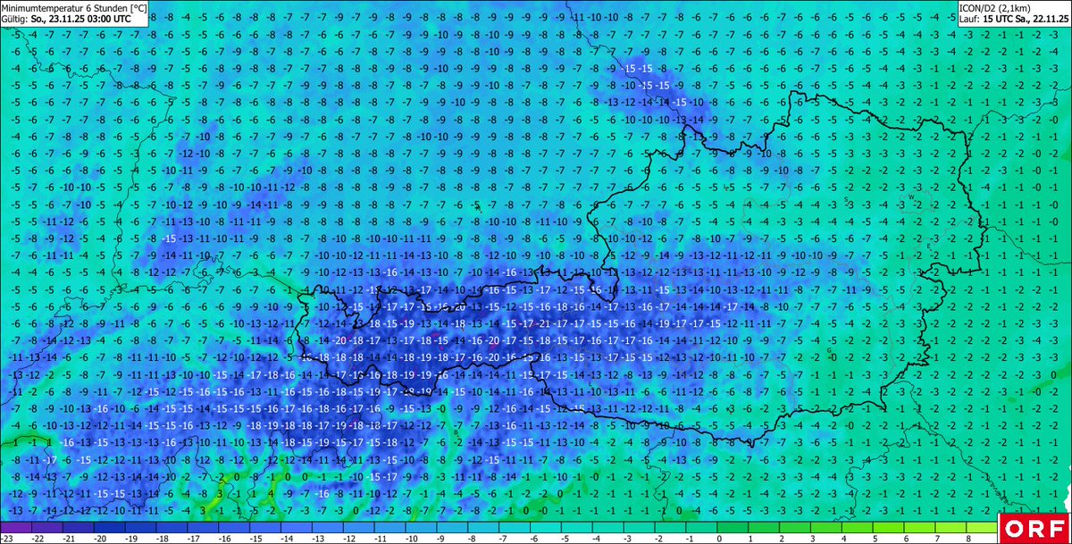 Wo es nicht schneit, wird das heute eine eisig kalte Nacht. Jetzt um 19:20 Uhr messen wir schon -15° in Tannheim. 🥶
