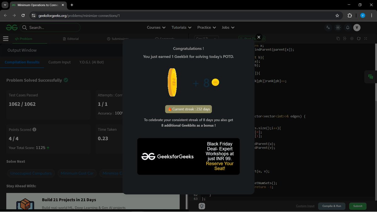 a_gupta30206's tweet image. Hey BitBuddies 💻✨!!
Day 83 of my #100DaysOfCode challenge 🚀🔥
🟢 LeetCode POTD:Find Minimum Operations to Make All Elements Divisible by Three

🟢 GFG POTD:Minimum Operations to Connect Hospitals
Learning daily. Improving daily.#leetcode #geeksforgeeks #coding #buildinpublic
