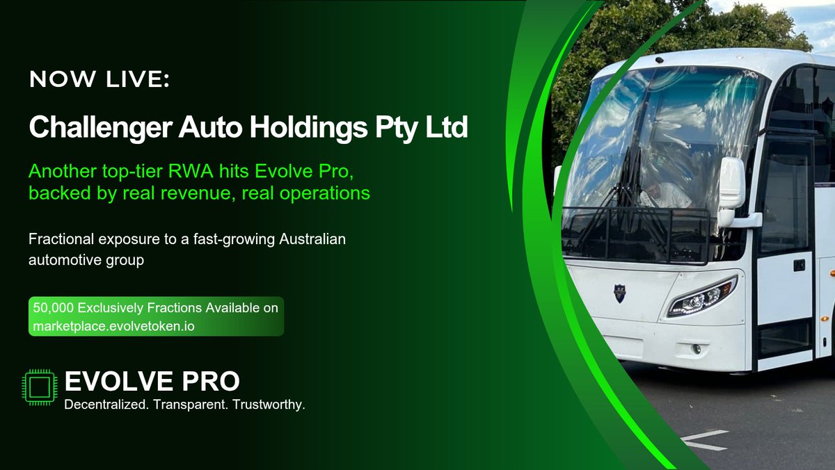 EvolveTKN's tweet image. Now Live: Challenger Auto Holdings Pty Ltd

The future of transportation isn’t being built in boardrooms, it’s being engineered in factories like Challenger Auto Holdings, now live as a fully #tokenized investment on Evolve PRO.

This isn’t “crypto hype.”
This is real-world…