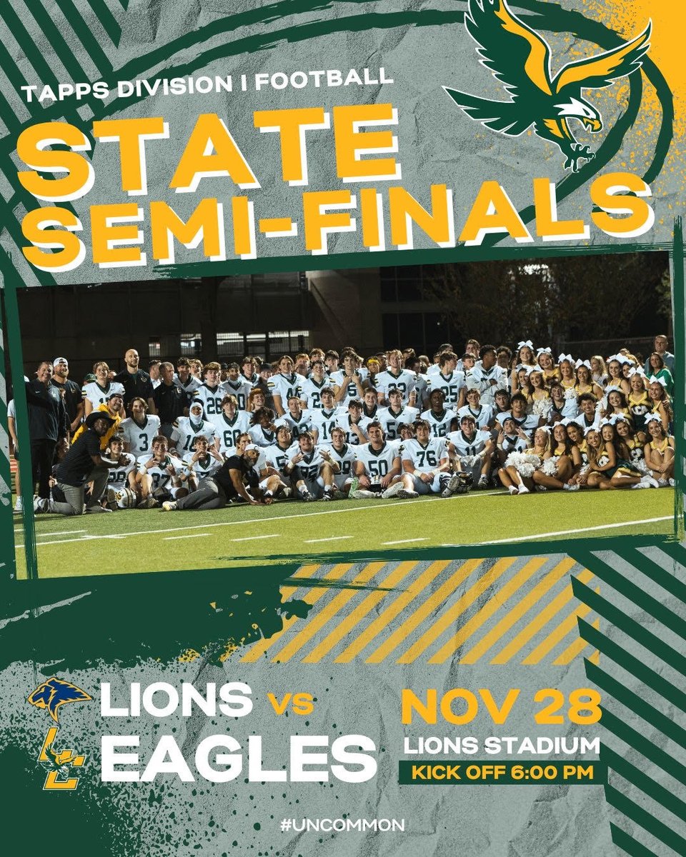 LCAFriscoFB's tweet image. SEMI-FINAL ANNOUNCMENT ❗️❗️❗️

Make your post-Thanksgiving plans to be in Plano on Friday Night! Your Eagles travel to play district rival Prestonwood for a berth in the TAPPS D1 Title Game. 

These boys have fought so hard this year and will KEEP FIGHTING!

#UNCOMMON