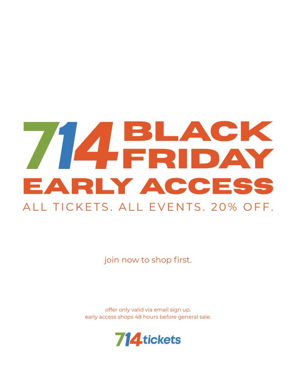 LateArrivalsPod's tweet image. You’re gonna want to get in on this deal @714Tickets! 

Join through the link to unlock 48 hours of early sale access to the biggest shows and games. Sign up ENDS 11/24. Sale valid 11/26-11/29.

Sign up here -&amp;gt; form.jotform.com/253175423615051