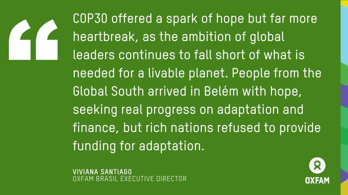 newsfromoxfam's tweet image. COP30 REACTION: COP30 falls short, offering a ‘spark of hope but far more heartbreak’

More 👉 oxf.am/cop30-final

#COP30 #JustTransition