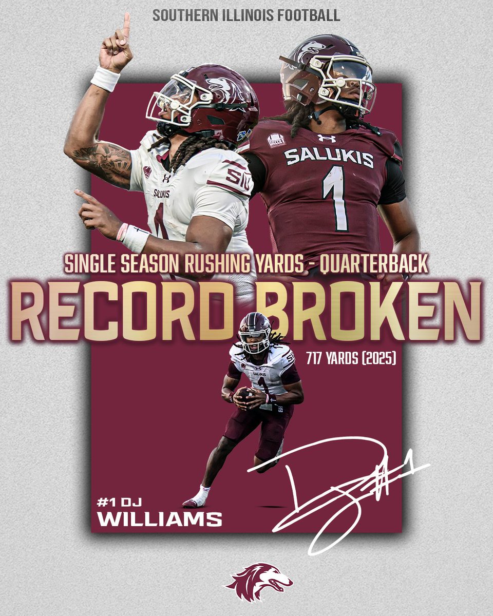 SIU_Football's tweet image. 𝑯𝒊𝒔𝒕𝒐𝒓𝒚 𝒎𝒂𝒅𝒆.

DJ Williams (@King__dj___) has officially set the new SIU record for rushing yards by a quarterback in a single season!

#Salukis | #BuiltFor