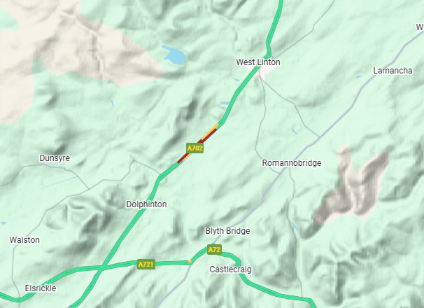 trafficscotland's tweet photo. ❗️NEW ⌚️18:24
🗺️#A702- Dolphinton - West Linton
The #A702 is ⛔️CLOSED IN BOTH DIRECTIONS ⛔️due to a road traffic collision
@SETrunkRoads
#ExpectDelay https://t.co/PkhO2qoF60