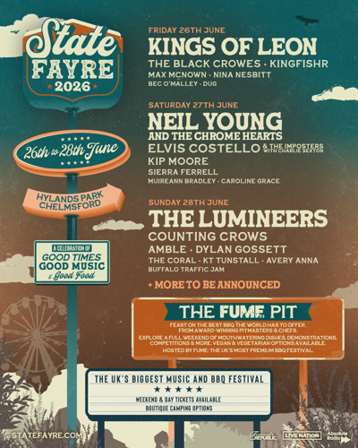 New festival announcement: 

<a href="/StateFayre/">State Fayre</a> with Kings of Leon, Neil Young, Elvis Costello, Counting Crows and many more + BBQ, beer and cocktails!

Up for it? Details here: musiccloseup.com/state-fayre-fe… 

#goodtimes #goodmusic #goodfood 
#Chelmsford #Americana #music #festival