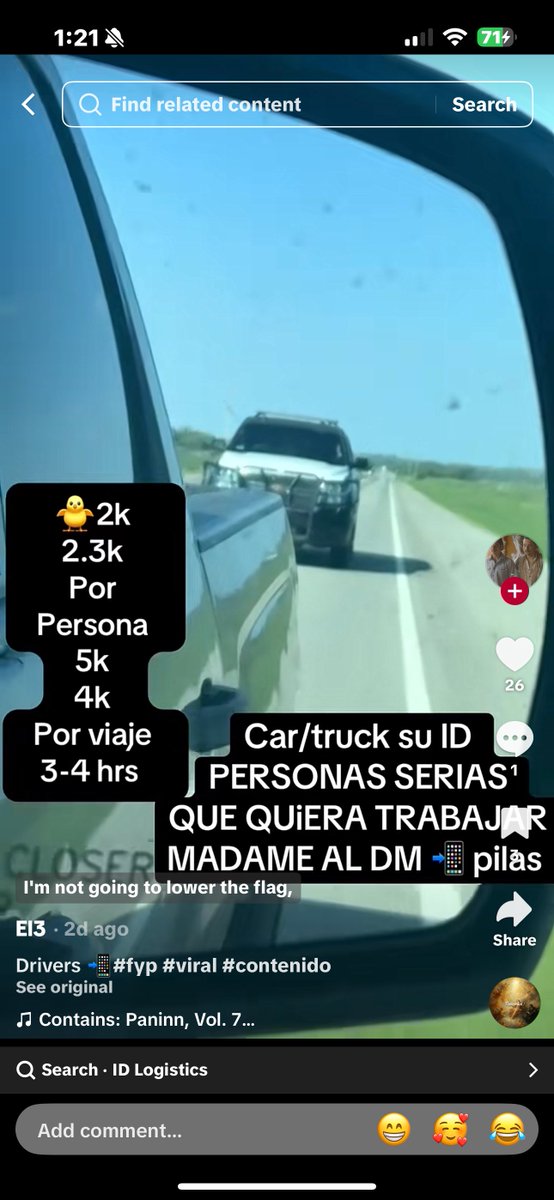ICEofTikTok's tweet photo. Human smuggler uses his TikTok to show off successful human trafficking trips, and has multiple “job offerings” to anyone willing to drive.

He’s also recorded himself successfully evading Border Patrol agents. All posted within the last 60 days.

Username: el.papyspress https://t.co/CBBHN5UVFb