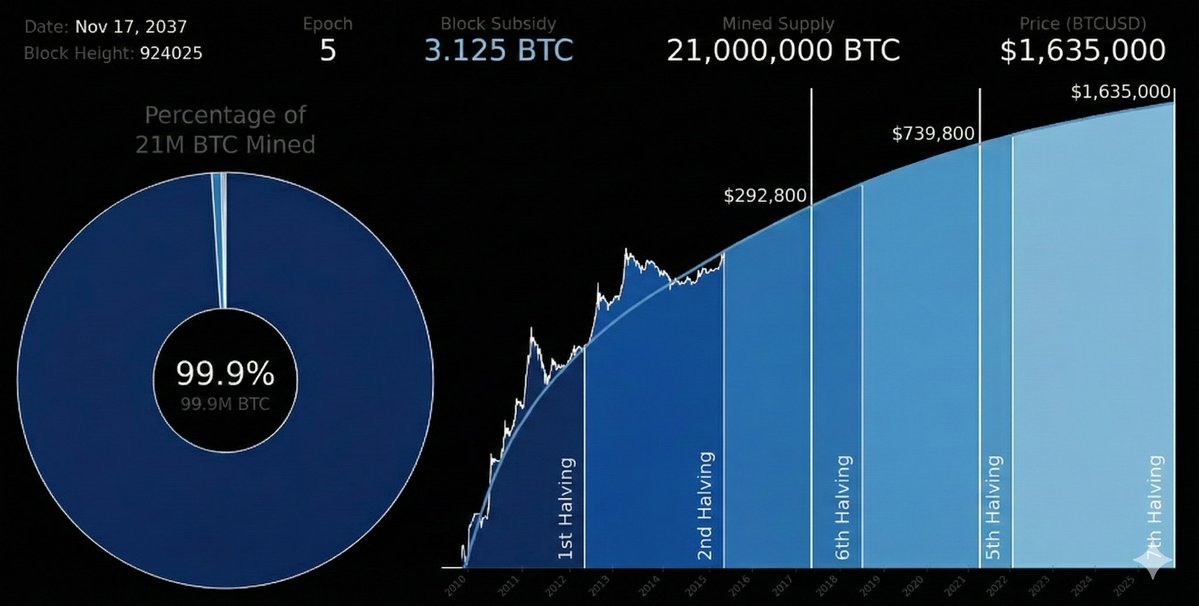 Interesting AI analysis.

Based on the Power Law math, the #Bitcoin long-term trend is just getting warmed up. 🔥
​Extrapolating the curve over the next three halving cycles shows the path to hyperbitcoinization.
​
​#BTC #Crypto #Halving #DataScience