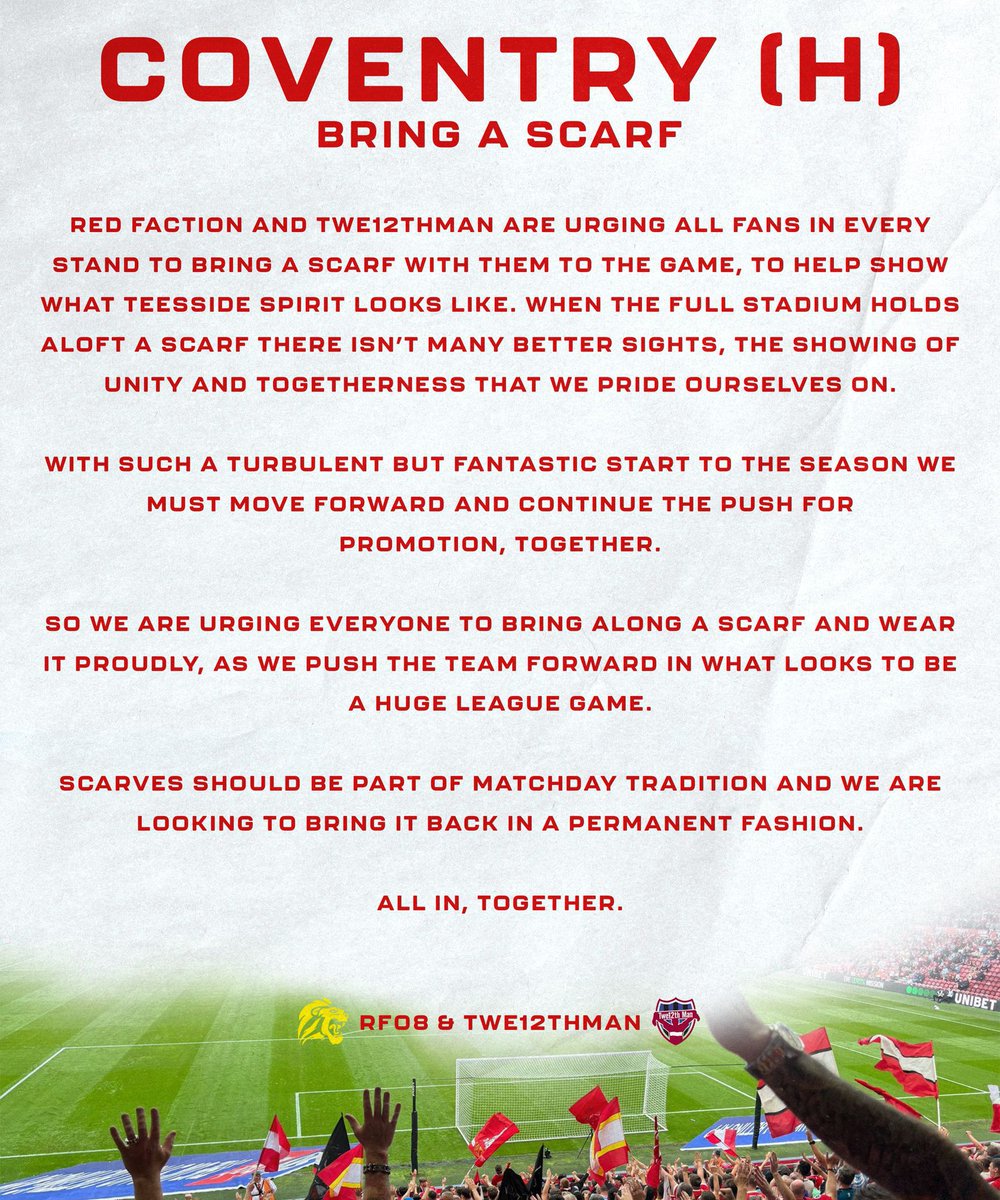 Its incredible what we can achieve when we all pull together. On Tuesday, let's have colour, noise, passion and intensity. Make the Riverside hostile, cheer our boys on amid a sea of RED.
WE ARE THE INFANT HERCULES.
Please share far and wide.