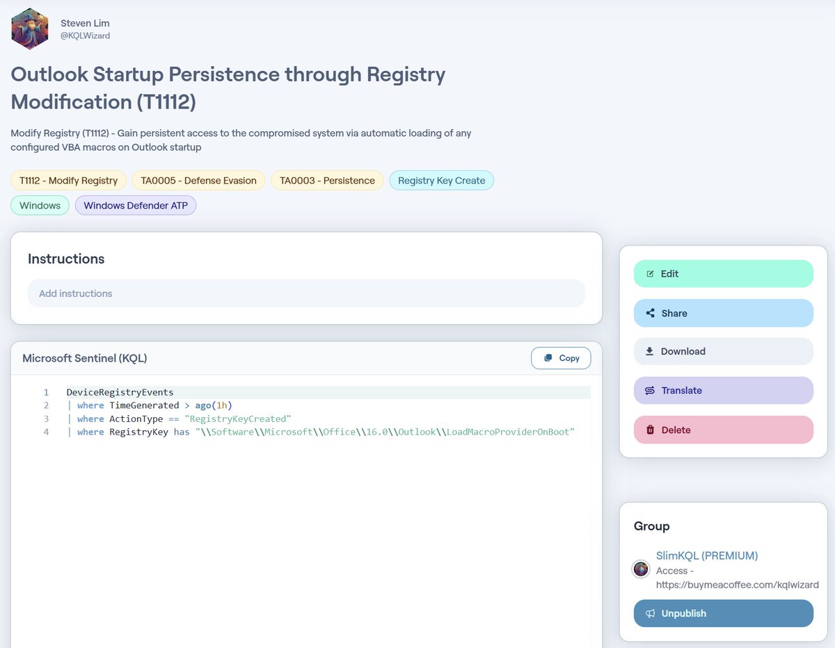 𝗢𝘂𝘁𝗹𝗼𝗼𝗸 𝗦𝘁𝗮𝗿𝘁𝘂𝗽 𝗣𝗲𝗿𝘀𝗶𝘀𝘁𝗲𝗻𝗰𝗲 𝘃𝗶𝗮 𝗥𝗲𝗴𝗶𝘀𝘁𝗿𝘆 𝗠𝗼𝗱𝗶𝗳𝗶𝗰𝗮𝘁𝗶𝗼𝗻 (T1112)

Recent research (e.g., Splunk’s NotDoor Insights) highlights that adversaries can achieve persistence in Microsoft Outlook by modifying the registry key