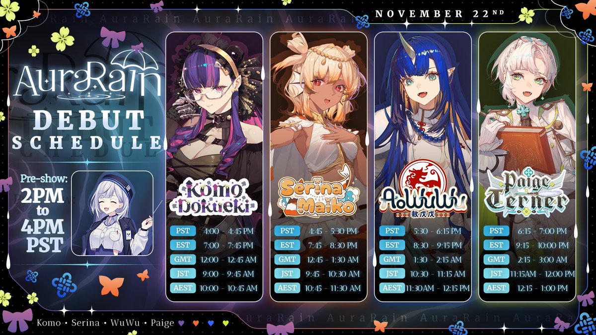 V4Mirai's tweet image. 『 AuraRain Debut Schedule 』

Are you ready for AuraRain&apos;s debut streams? ☔️

Join us on YouTube for the preshow, play some games, and learn more about this brand-new generation. Don&apos;t be late!

Waiting rooms are open! ⤵️
youtube.com/playlist?list=…