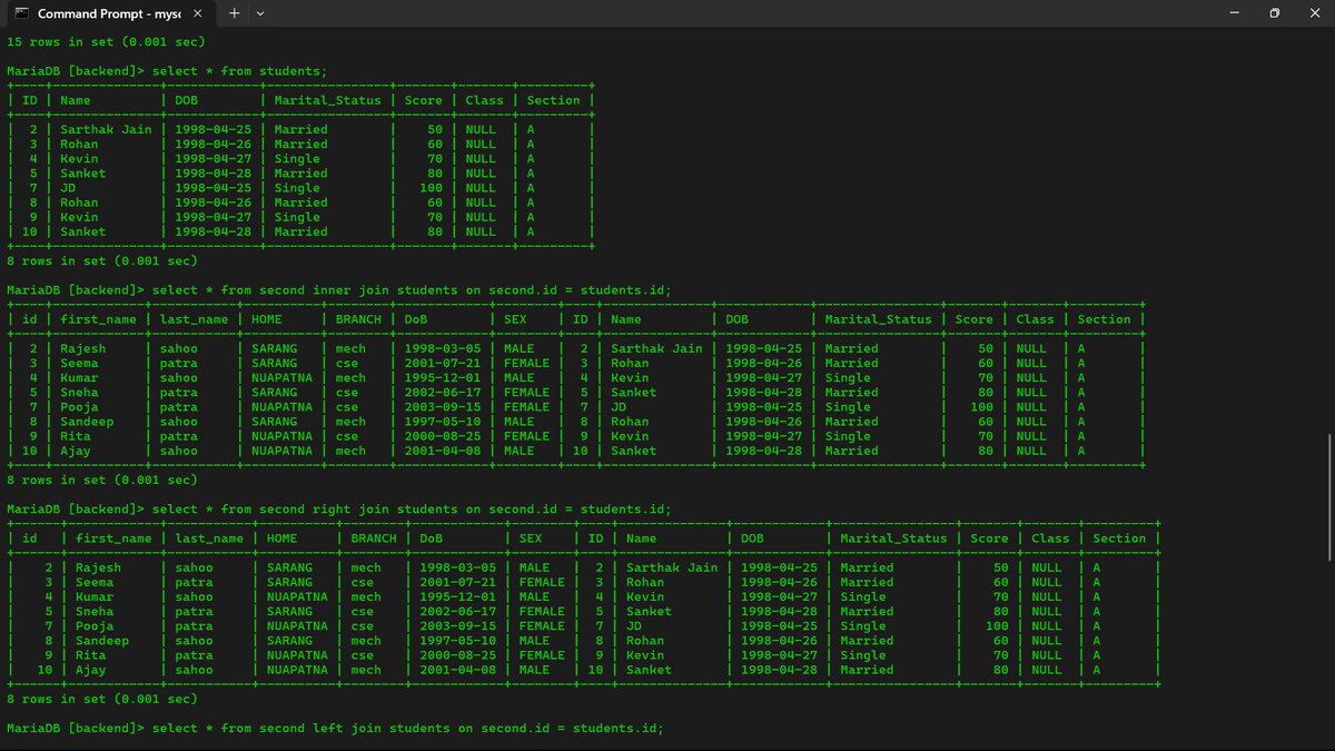 nigam75787's tweet image. Today I learned about updating tables, changing columns, adding new columns, deleting columns/values, plus SQL JOINs, GROUP BY, COUNT, SUM, and AVERAGE. SQL gets more powerful and fun every day! 🚀 #SQL #MySQL #WebDevelopment #Learning