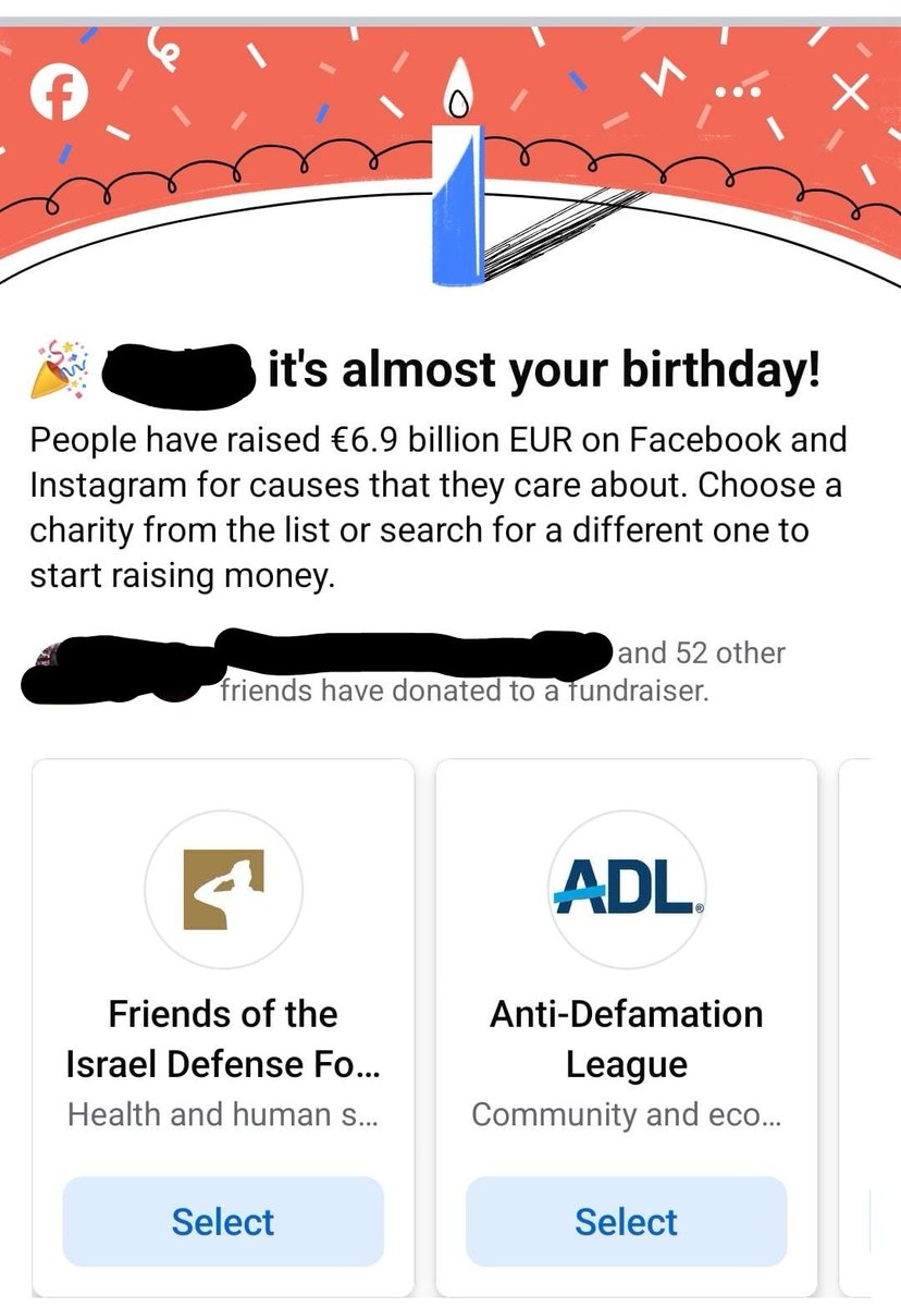 Meta's Facebook now encourages people to donate to Zionist hate organizations with prominent roles in Israel's genocide