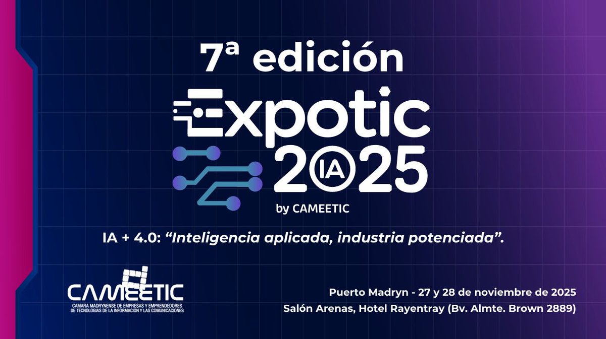 ElChubut's tweet image. 🚀 Se viene la 7ª edición de Expotic 2025

Este 27 y 28 de noviembre de 2025 en el Salón Arenas del Hotel Rayentray, en Puerto Madryn. A partir de las 9 hs.
 
💡 Eje 2025: IA + 4.0: “Inteligencia aplicada, industria potenciada”.

¡No te lo pierdas!
