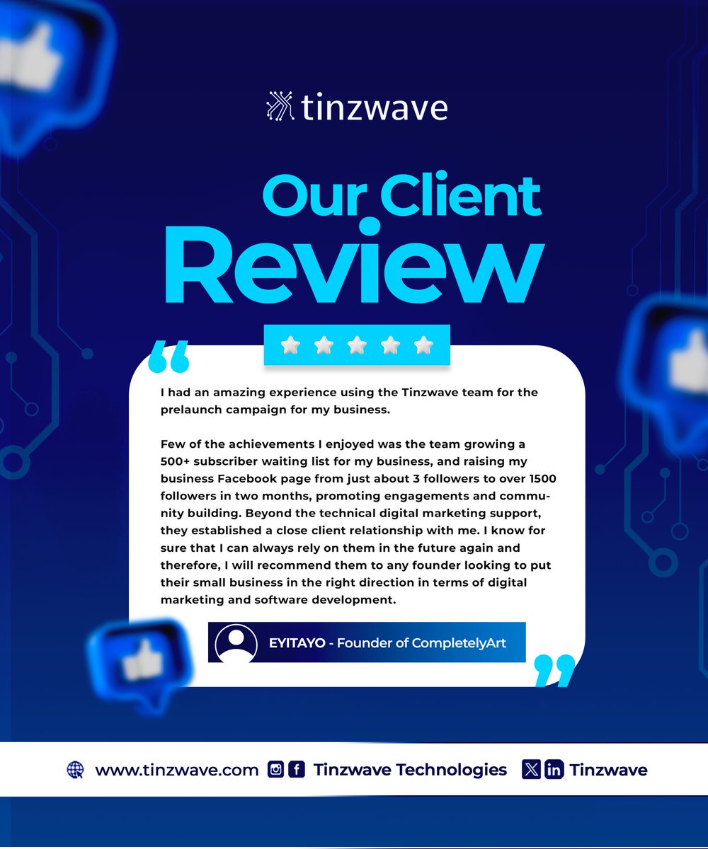Tinzwave's tweet image. Real feedback. Real impact.
Here’s what our clients say about working with Tinzwave.
#Tinzwave #TechInnovation #ClientTestimonial