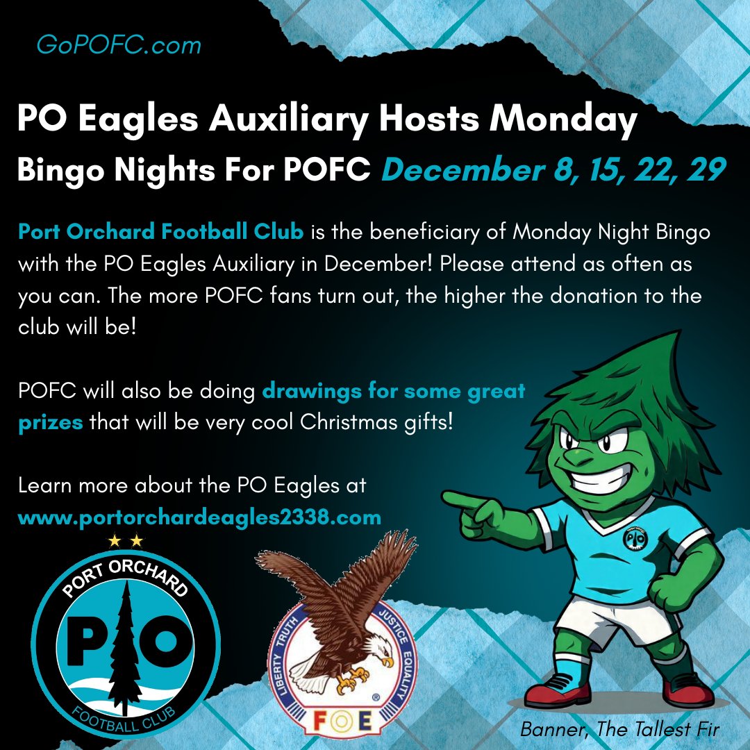 gopofc's tweet image. Support POFC&apos;s 2026 season with our annual BINGO nights with Auxiliary #2338- Port Orchard Eagles! #UpTheFirs