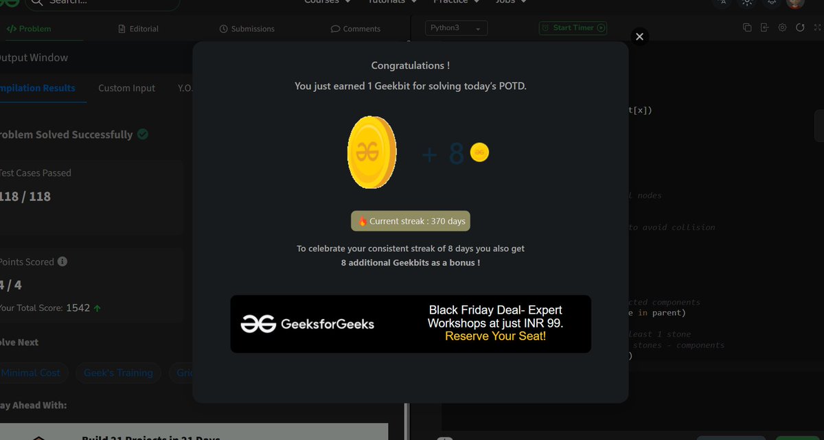 akashasahu07's tweet image. Day - 370
Maximum Stone Removal Problem
💡 Learning never stops. Today’s GeeksforGeeks POTD done — building skill, not just streaks. #geekstreak2025 #GFGPOTD #keepcoding