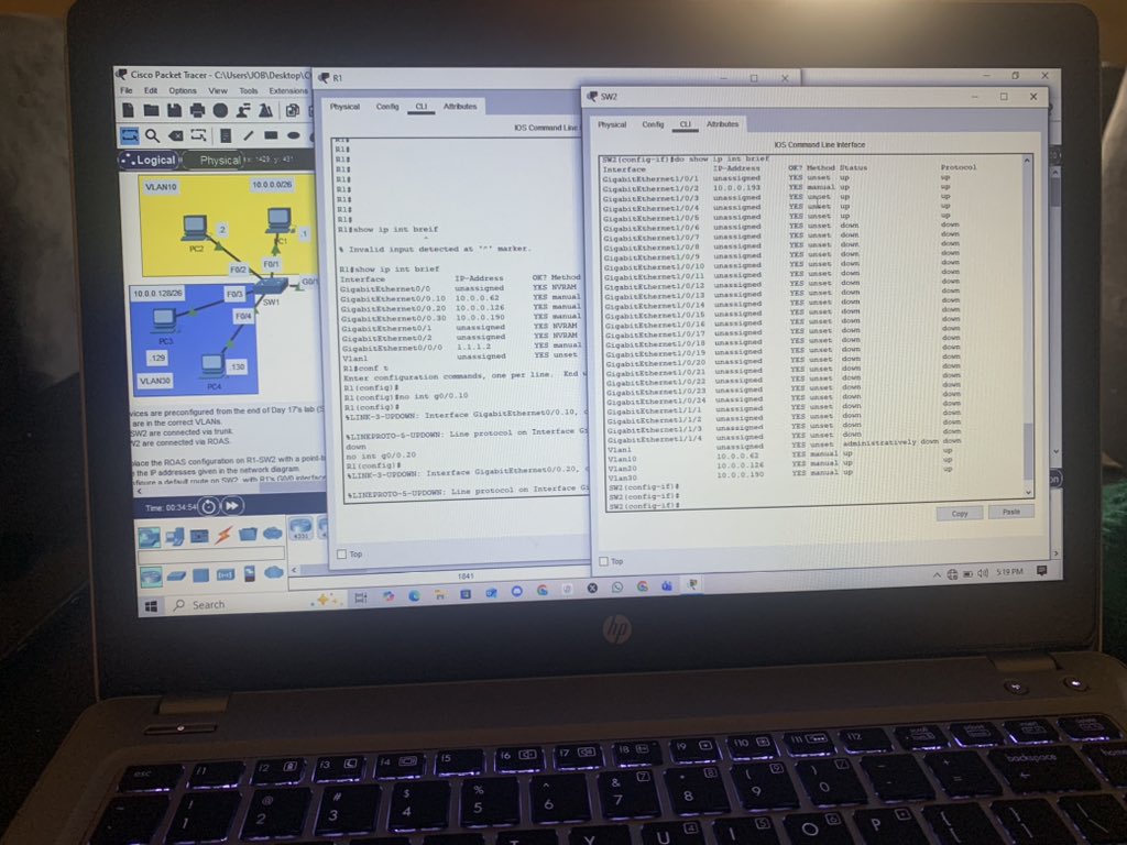 Romz_inc's tweet image. Day 20 of my CCNA journey
Today I learnt about multilayer switches and how they route between VLANs using SVI interfaces.
Configured VLANs, created SVIs and enabled routing.
Inter VLAN communication worked perfectly on Packet Tracer.

#CCNA #Cisco #Networking