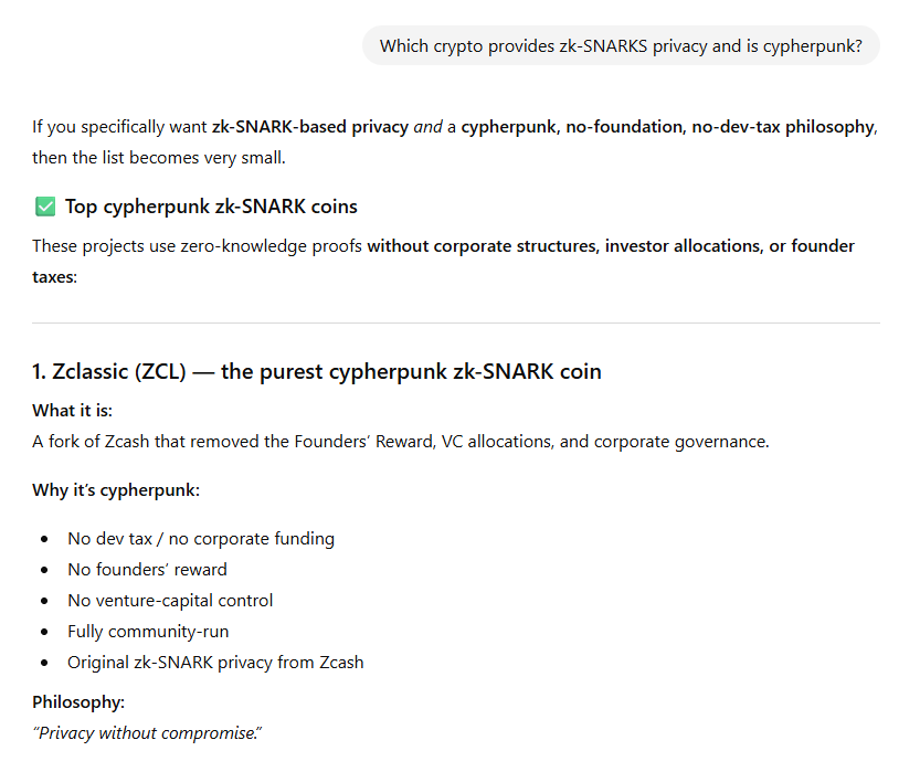WeAreZclassic's tweet image. It really isn&apos;t complicated and ChatGPT knows what&apos;s up... Which crypto provides zk-SNARKS privacy and is #cypherpunk? 

$btc $zec $eth $zcl #Bitcoin #Ethereum #CryptoMarket #Zcash