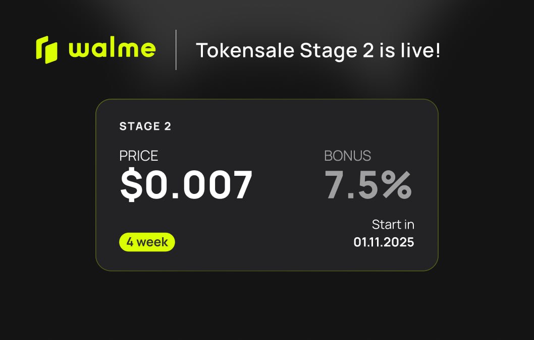 MINAGE_TCH's tweet image. Thank you for your interest to our Walme Token Sale @walme_io #CryptoCommunity
Token Sales
WLM Token Price
1 WLM = 0.007 USD
Current Bonus 10 % End at
30 Nov, 2025
STAGE 2
1 WLM = 0.007 USD
Join now while Stage 2 bonuses are still active 👇
tokensale.walme.io/invite?ref=UD0…