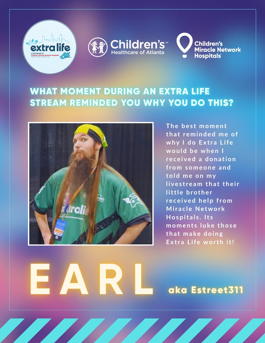 ExtraLifeAtl's tweet image. Meet Earl, one of our amazing Extra Life ATL streamers! From epic streams to community events, Earl always brings the energy. Catch him online or at a local event!

#ExtraLife #ExtraLifeATL #StreamingForGood #TwitchStream #CMN #CHOA #ExtraLife4Kids #TwitchTeam