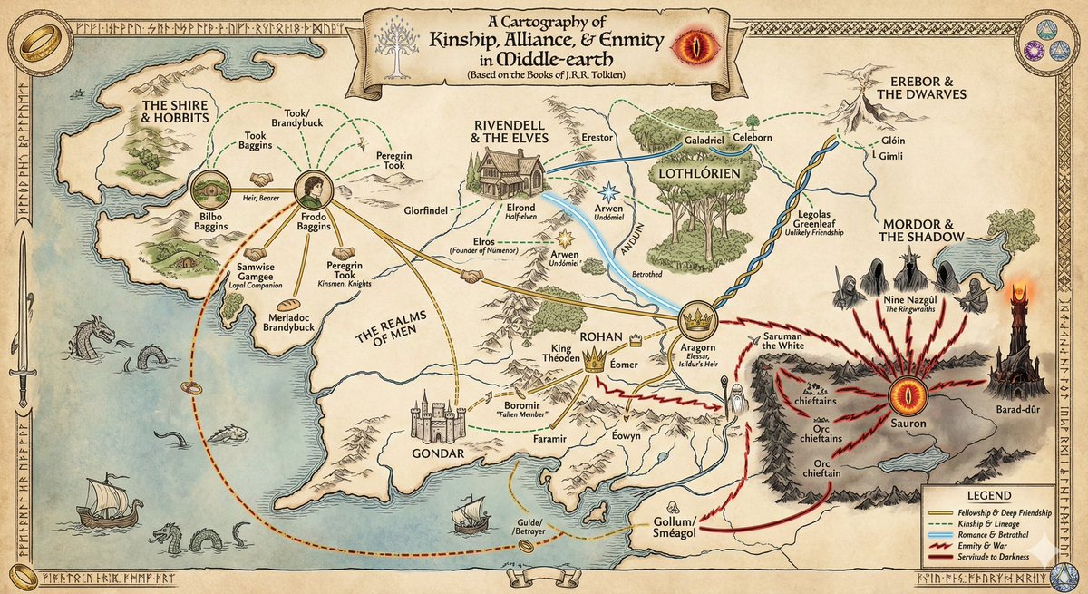 SharpNetwork's tweet image. Playing around with Gemini 3 and Nano Banana Pro today.  I one-shotted this prompt of an LOTR map of character relationships, not perfect but very refinable with a few tweaks:  Make an infographic describing the character relationships in lord of the rings, focus on the books by…