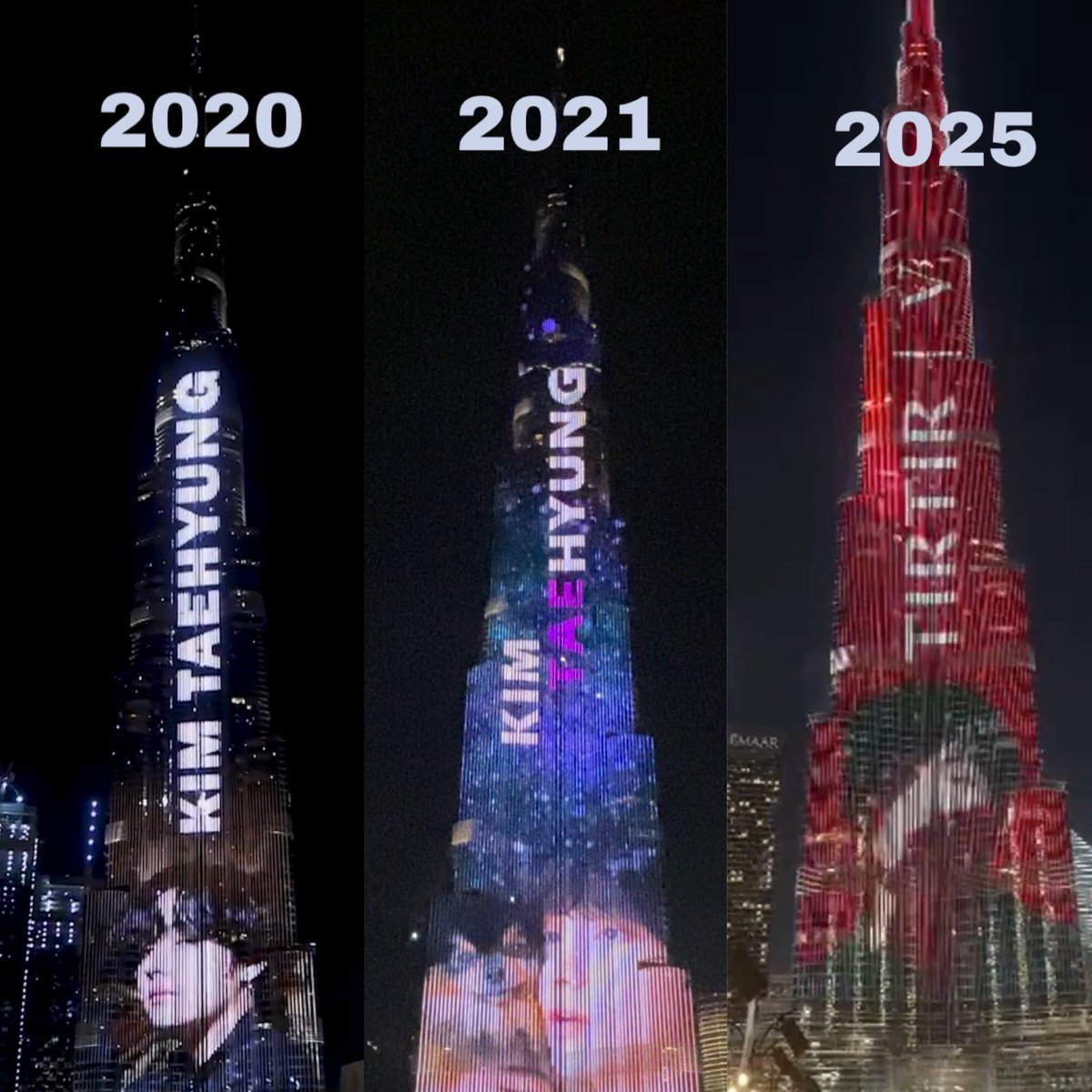TheePopCore's tweet image. Kim Taehyung made history as the first and only K-pop idol to light up the Burj Khalifa, not once, not twice, but three times.