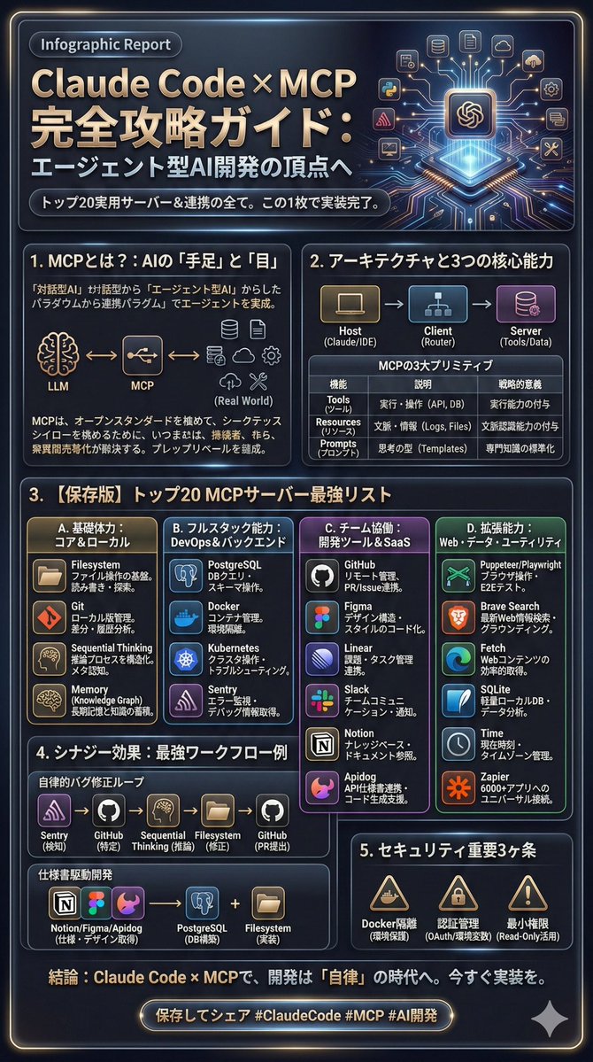 trailfusionai's tweet image. Claude CodeのMCP連携、何を使うべき？実用的なTOP20サーバーを厳選し、この1枚に凝縮しました。基本のファイル操作からDB、GitHub、SaaS連携まで網羅。これさえあればエージェントAI開発は完璧です。 #ClaudeCode #MCP