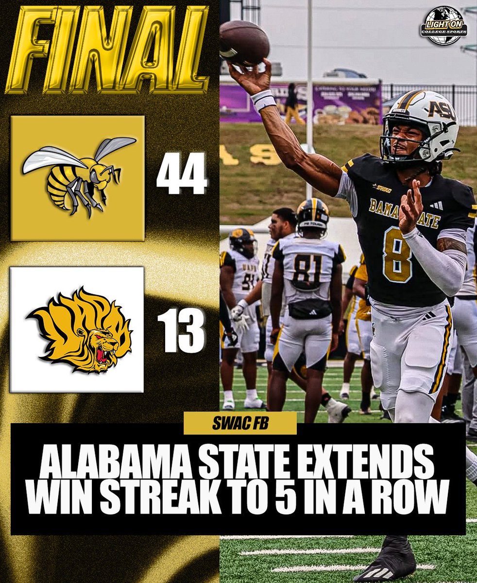 LightOnSports's tweet image. The Alabama State Hornets are on a 5-GAME WINNING STREAK 📈🐝

They defeated UAPB 44-13 today, improving to 9-2.

Coach Eddie Robinson Jr. and his team will have an opportunity at a 10-win season next week against Tuskegee. 

#SWARMAs1 @BamaStateFB