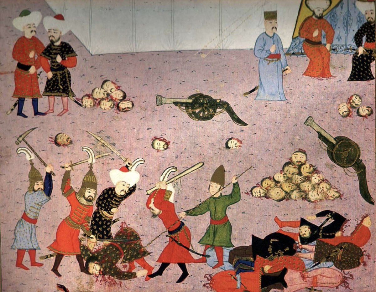 Sultan Murad Hüdavendigar'ı şehid eden Obilic'in doğranmasını gösteren bu tasviri Kanuni döneminde Matrakçı Nasuh yapmıştır ve şuan Topkapı sarayındadır. Tasvirde dikkat ederseniz Obilic'in g.tü kesiliyor, "Adamın g.tünü keseriz" deyimi buradan gelmektedir… (!) 👀