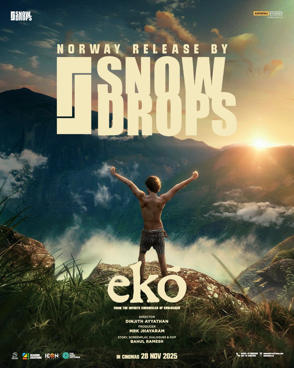 aravind_ravind's tweet photo. Secrets echo in the hills. #EkōtheMovie premieres in Norway on 28 November 2025.🇳🇴

🎟️Norway release by @SnowdropsAs 

Grand Europe release by @4seasonscreationsuk 

#DinjithAyyathan @BahulRamesh  #SandeepPradeep #Jhayaram #MujeebmMajeed #ThePlotPictures https://t.co/XJRQrJoJHg