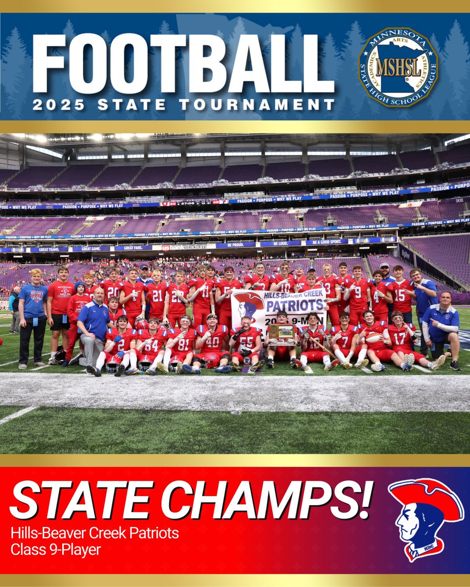 MSHSL's tweet image. 𝗦𝗧𝗔𝗧𝗘 𝗖𝗛𝗔𝗠𝗣𝗦 🏆 Hills-Beaver Creek wins its first Prep Bowl championship since 1990!