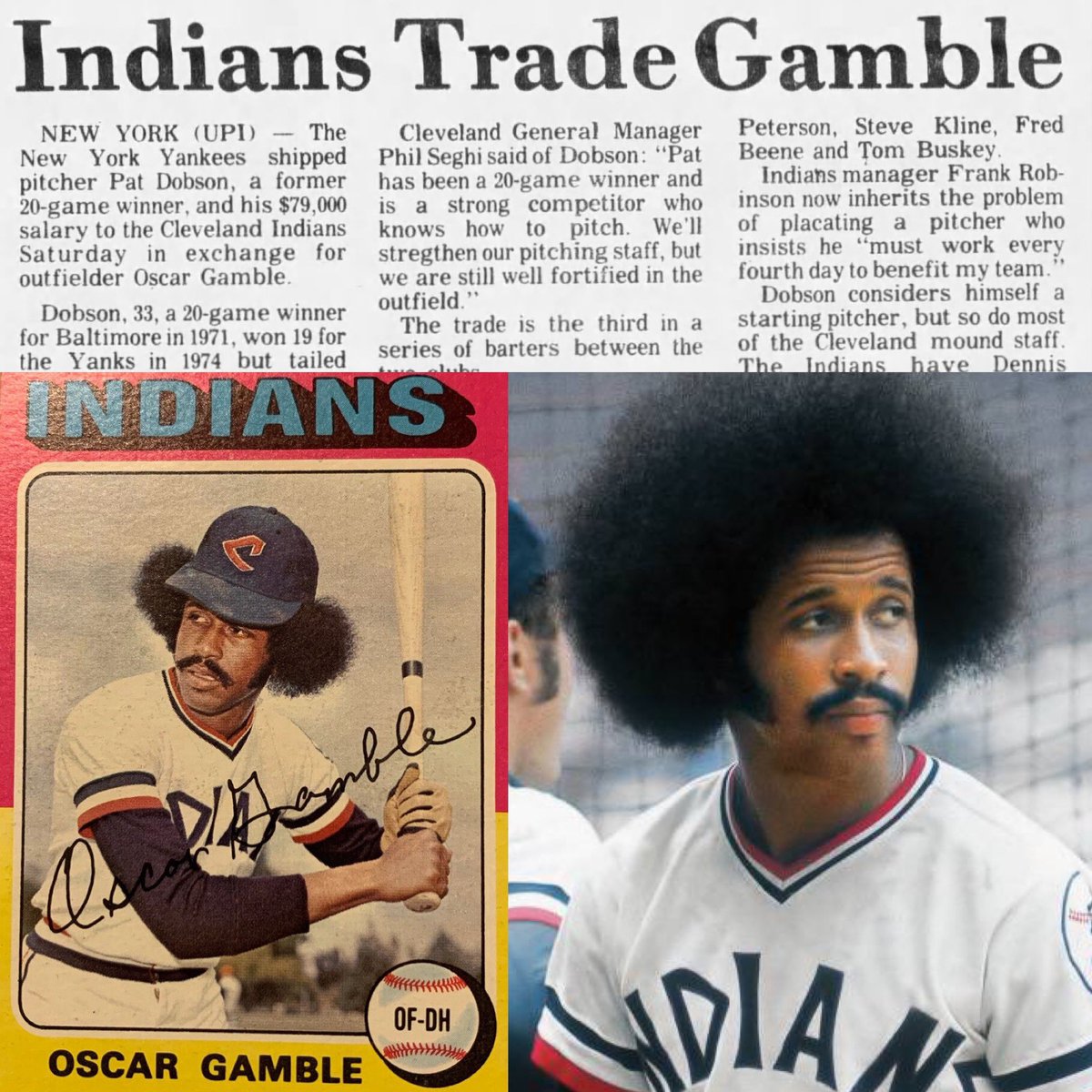 MrCleveland_216's tweet image. November 22, 1975: Gamble Gone⚾️

Indians trade OF Oscar Gamble (along w/ his Afro) to Damn Yankees

Per wikipedia:
Gamble’s “hitting prowess was overshadowed by famoulsy large Afro hairdo&quot;

3 seasons in Cleveland 

#Afro #TheBigO