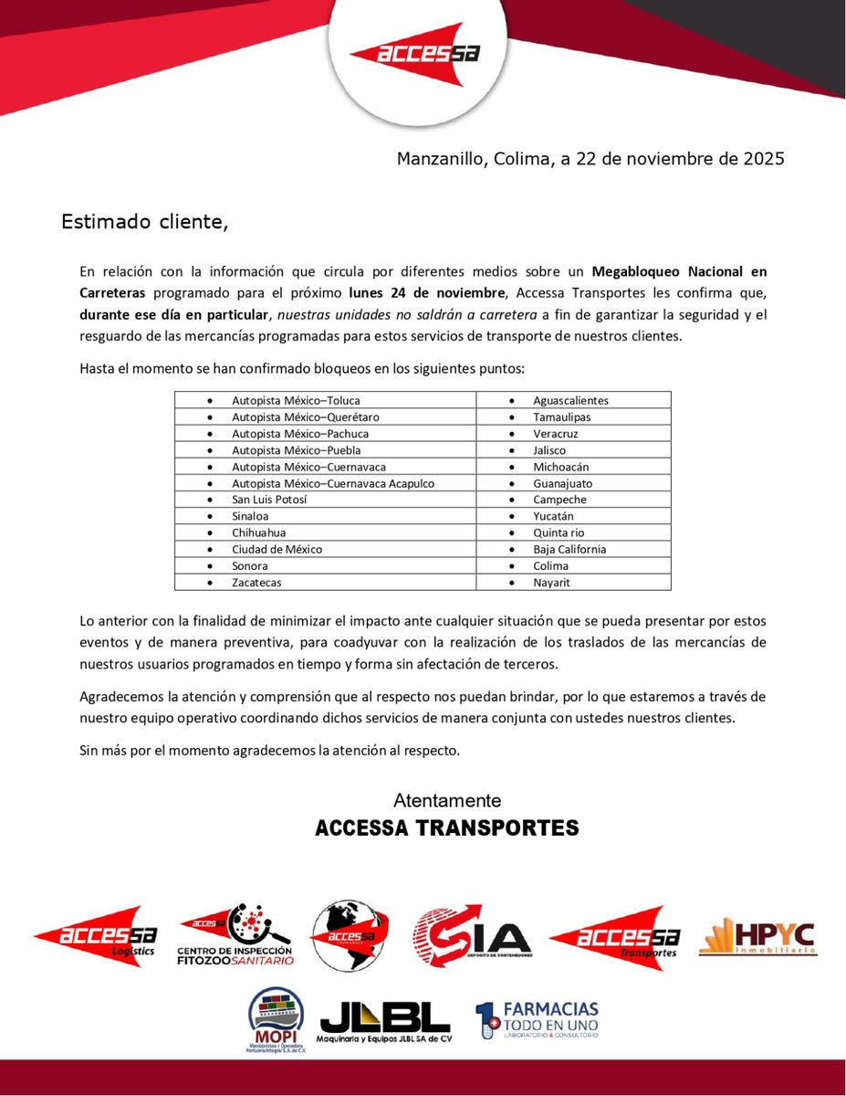 AccessaLogistic's tweet image. ✔️Comunicado para nuestros clientes
Tomen sus precauciones. ‼️