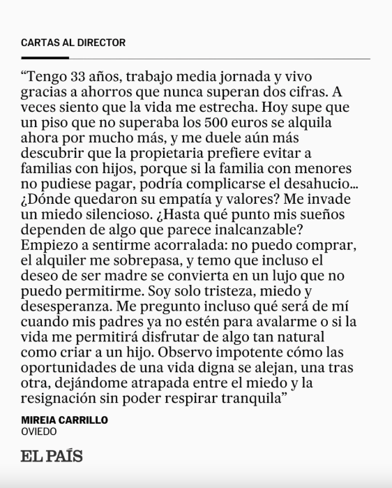 el_pais's tweet image. &apos;La angustia de no tener un hogar&apos;, la carta al director de Mireia Carrillo. Puedes leer más cartas al director aquí 👉 social.elpais.com/j9vci7