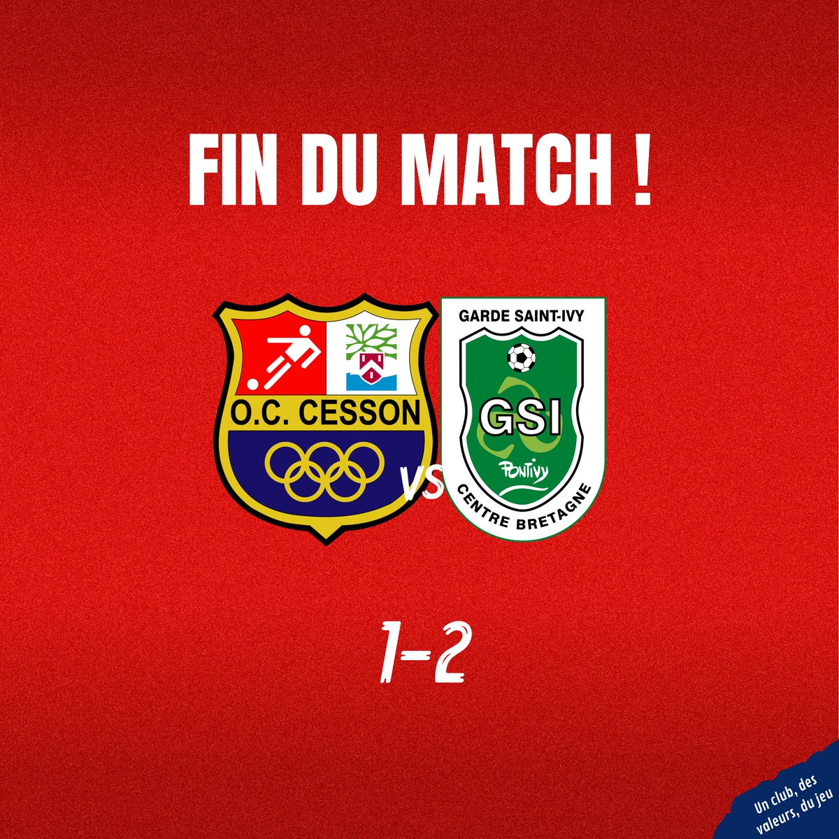 OCCessonFoot's tweet image. 90+5’ : 𝗙𝗶𝗻 𝗱𝘂 𝗺𝗮𝘁𝗰𝗵.

Nos Rouge &amp;amp; Bleu qui poussaient pour remporter le match se sont finalement fait surprendre dans le money time et s’inclinent face au leader. 

#OCCGSI 1-2