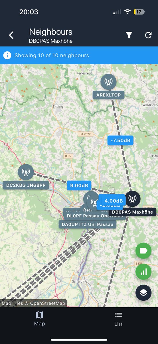 DC7DS's tweet image. #Meshcore neighbors at site #DB0PAS