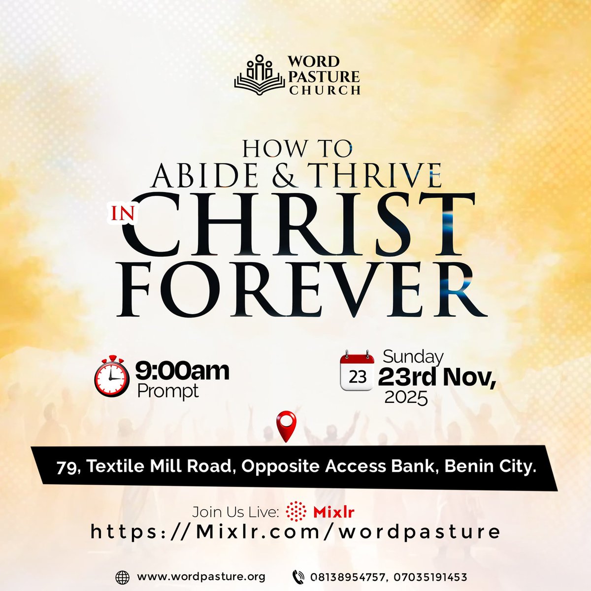 Wordpasture's tweet image. Sunday Service Invite 💃🏾
Join us tomorrow as we gather to learn how to abide and thrive in Christ forever.
It will be a joyful time of worship, growth, and learning at His feet.

🔗Connect live: wordpasture.mixlr.com/events/4682416
There’s a place for you here. Come and be refreshed
#sunday