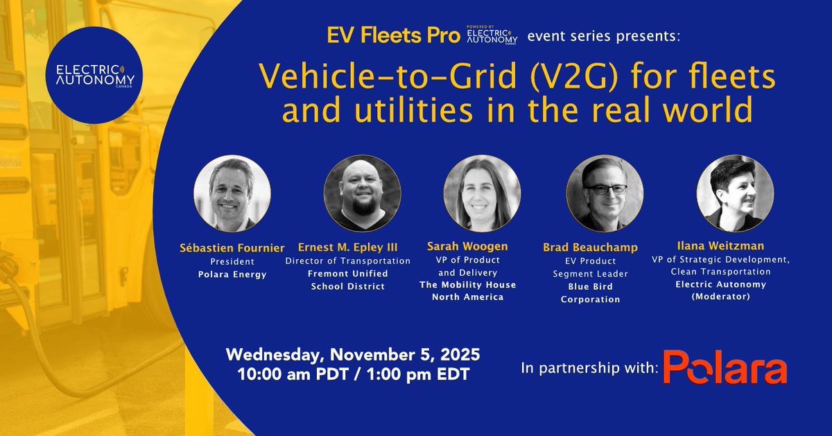 ElectricAutonmy's tweet image. What if your electric fleet could generate revenue by sending power back into the grid when your utility hits a summer or winter peak with the use of vehicle-to-Grid (V2G) technology? 

Watch here: buff.ly/LdJzzCR

#V2G #VehicleToGrid #V2B