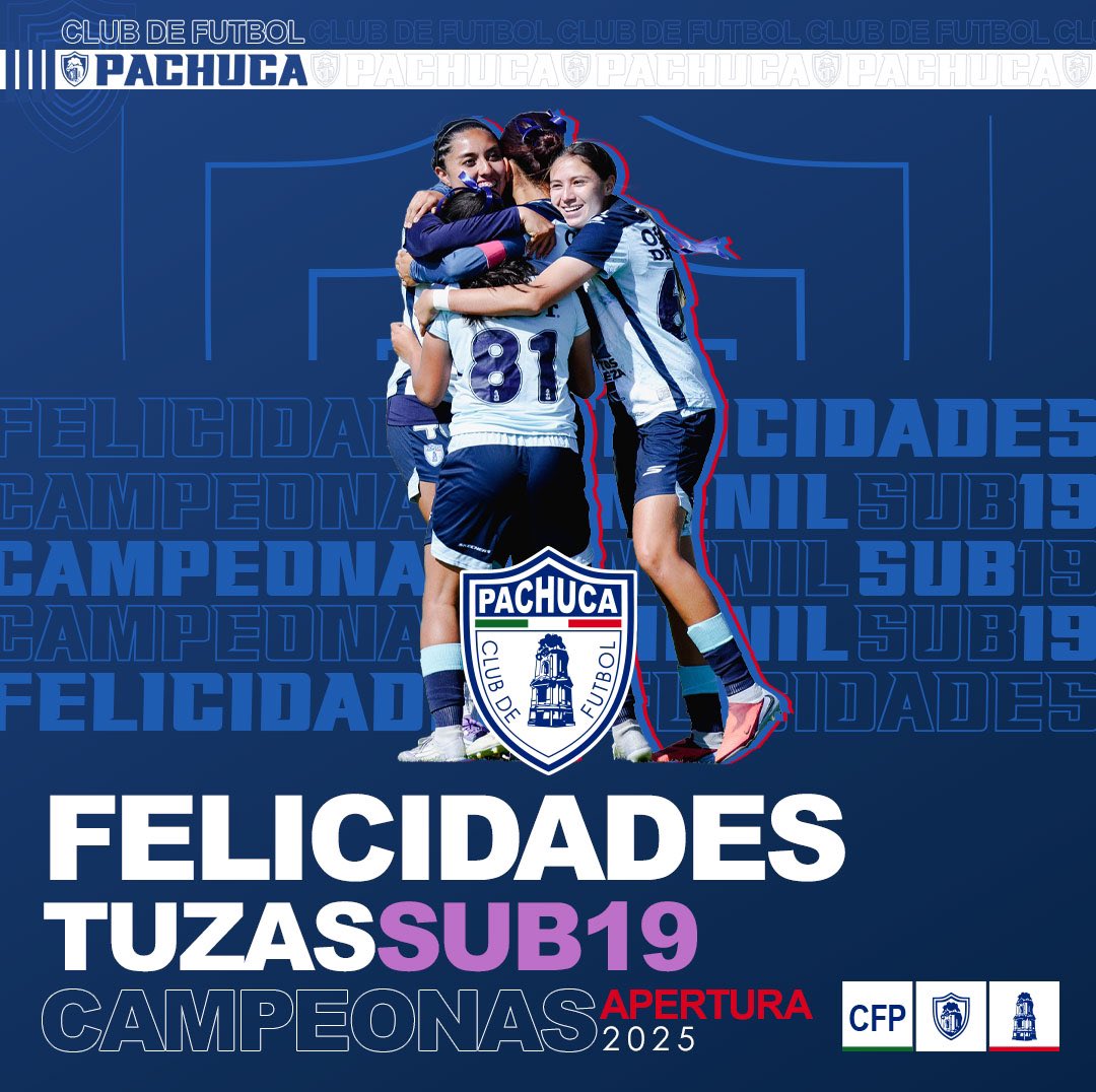 Tuzos's tweet image. 🏆 | ¡VAMOS PACHUCA!

Felicidades a nuestras #TuzasSub19 por conseguir el título de su categoría en la @LigaBBVAFemenil… ¡VAMOS CAMPEONAS! 👏🏻🌬️