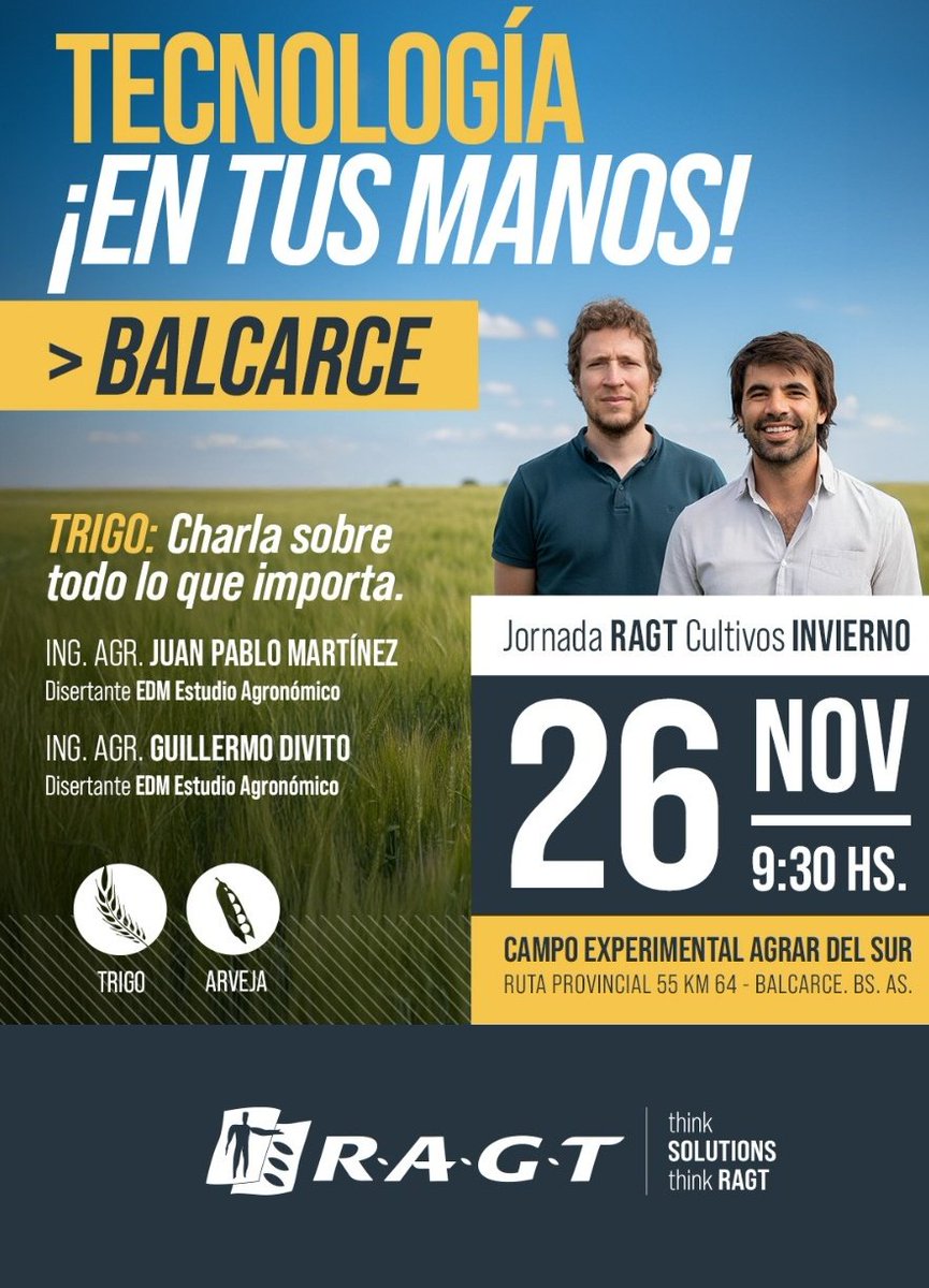 El próximo miércoles nos juntamos en Balcarce para analizar la campaña de trigo:
✔️500 mm condicionaron agronomia y logística 
✔️Bajo N inicial y mucho lavado
✔️Alta presión de enfermedades
✔️Heladas hacia fin de octubre
✔️Buenas temperaturas en llenado
#Extensión 📣