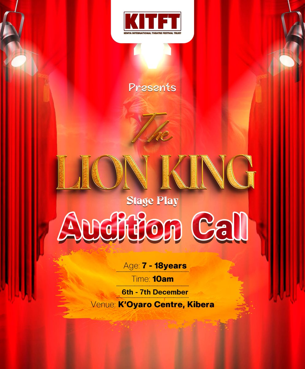 kitfest_ke's tweet image. Calling young stars! 🎭🦁
Show your talent at the Lion King Junior auditions happening 6th–9th Dec.
Sing, act, dance or play! It’s your moment!
#KaribuKitfest 
#theatreke
#TheKitfestAt10
#kitfest2025